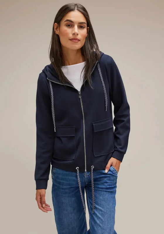 Rock Retro Style Street One Drawstring Hooded Sweat Jacket, Deep Blue