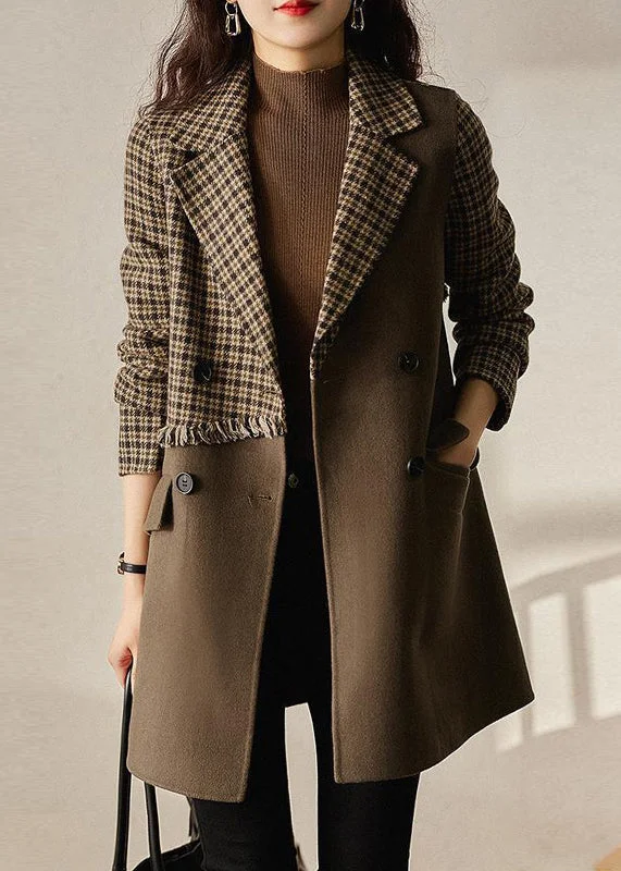 Elegant Long Skirt Style New Brown Plaid Pockets Patchwork Woolen Coat Long Sleeve