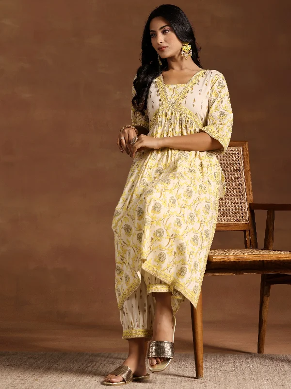 Gorgeous Lace Skirt Yellow Printed Cotton A-Line Kurta With Salwar