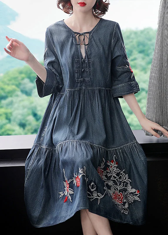 Casual Matching Style Boutique Blue V Neck Embroideried Cotton Holiday Denim Dress Half Sleeve