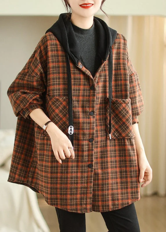 Sports Functional Style Plus Size Orange Hooded Pockets Plaid Warm Fleece Jacket Winter