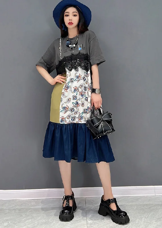 Gorgeous Exquisite Feeling Modern Grey Asymmetrical Patchwork Lace Ruffles Cotton Denim Dresses Short Sleeve