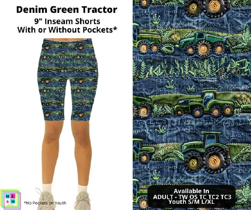 Casual And Relaxed Style Denim Green Tractor Shorts w/ Pockets