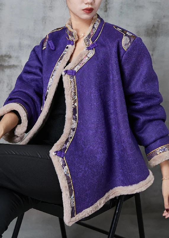 Gorgeous Embroidery Purple Patchwork Warm Fleece Oriental Coat Mandarin Collar Spring