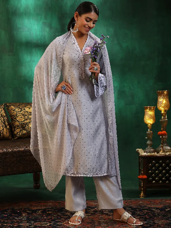 Gorgeous Evening Style Grey Printed Silk Blend Straight Suit With Dupatta