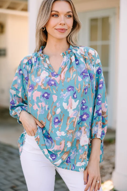 Elegant And Unique Design Take You With Me Teal Blue Floral Blouse