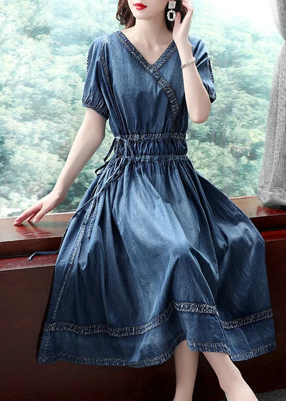 Simple Cotton Style Casual Blue V Neck Patchwork Cotton Denim Pleated Cinch Dress Short Sleeve