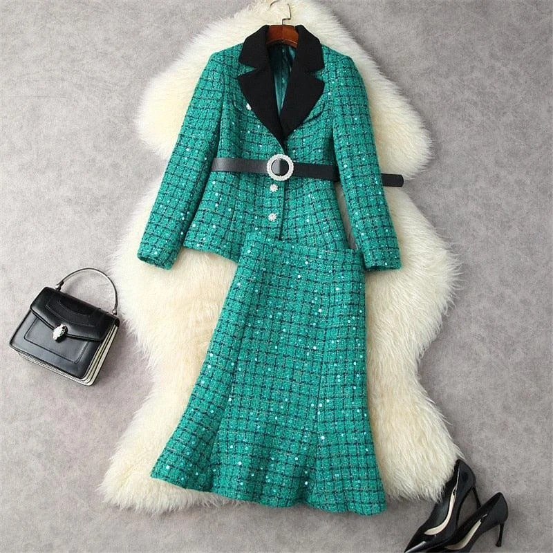 Casual And Relaxed Style Luxury Sequins Tweed Skirt Suit