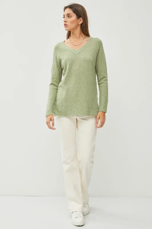 Rock Classic Style Light Olive V-Neck Basic Sweater