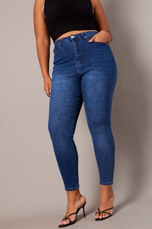 Sports Fitness Style Denim Skinny Jeans High Rise