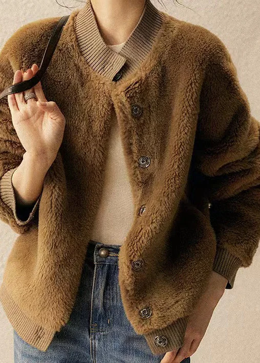 Simple Fashion Style New Brown Stand Collar Pockets Patchwork Wool Jacket Winter