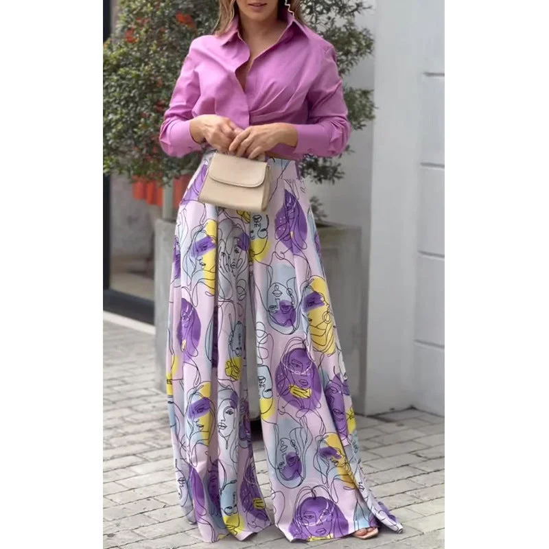 Gorgeous Banquet Dress Summer Casual Long Sleeves Shirts and Wide Leg Pants Women Suits