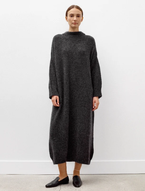 Elegant And Intellectual Style Oversized Roundneck Cashmere/Silk Dress Charcoal