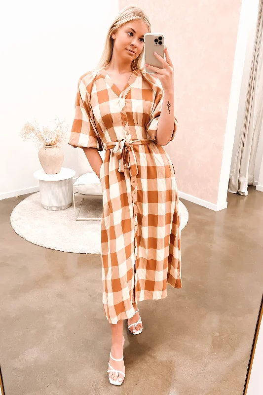 Simple Classic Style George Midi Dress Tan Check