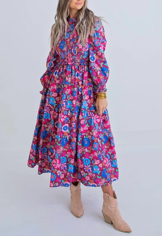 Elegant Lace Style London Floral Maxi Dress in Magenta