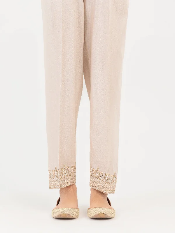 Casual Denim Style Raw Silk Trouser-Embroidered (Pret)