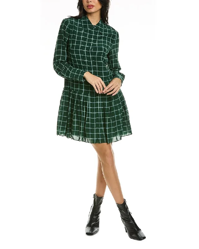 Casual Comfort Rebecca Taylor Windowpane Pleated Silk Shirtdress