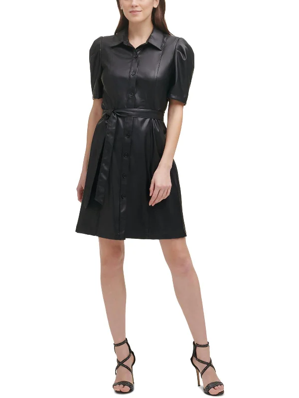 Simple Daily Wear Womens Faux Leather Knee Shirtdress